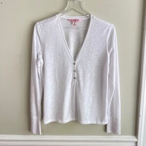Victoria's Secret Henley Top Womens XS Long Sleeve V-Neck White Slub Knit Lounge